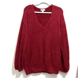 Ava & Viv Women’s Rich Burgundy V-Neck Fuzzy Sweater